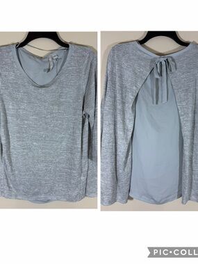 Lauren Conrad Gray Knit Top w/Sheer Chiffon Overlap Tie Back 3/4 Sleeve Blouse